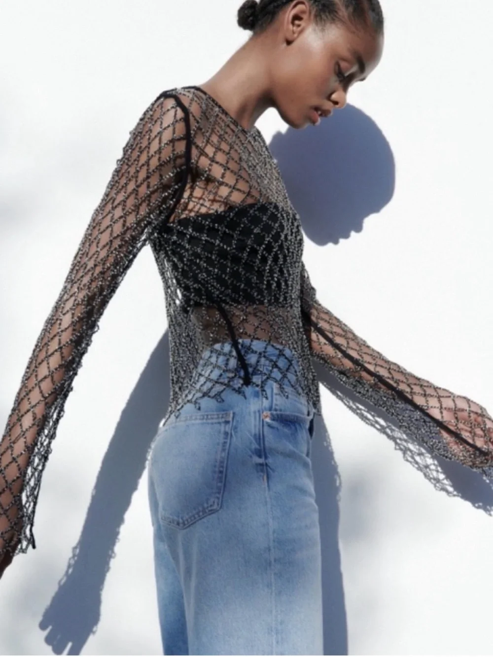 Zara Beaded Mesh Top XS - Black Diamond Net Long Sleeve Crop Overlay NWOT